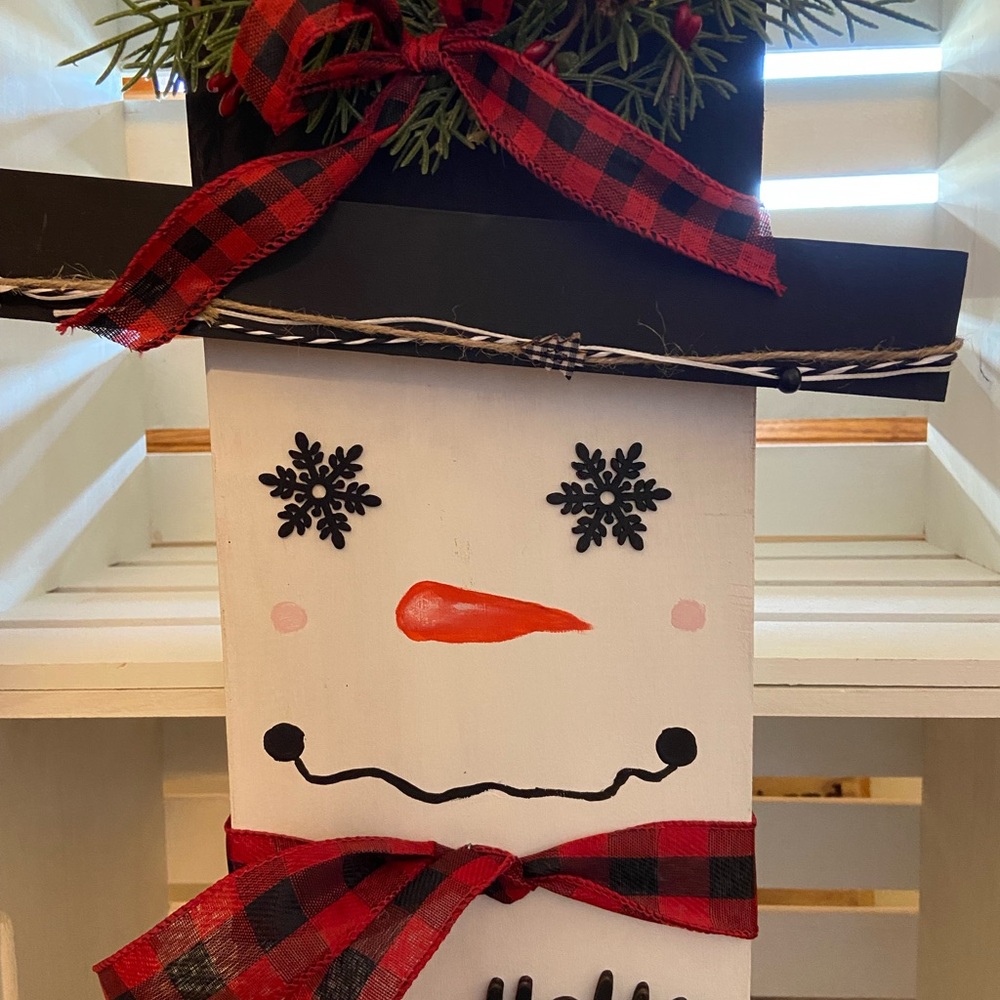 Handcrafted Snowman Wall Art  with Red and Black Plaid, Signature Heart, Wood